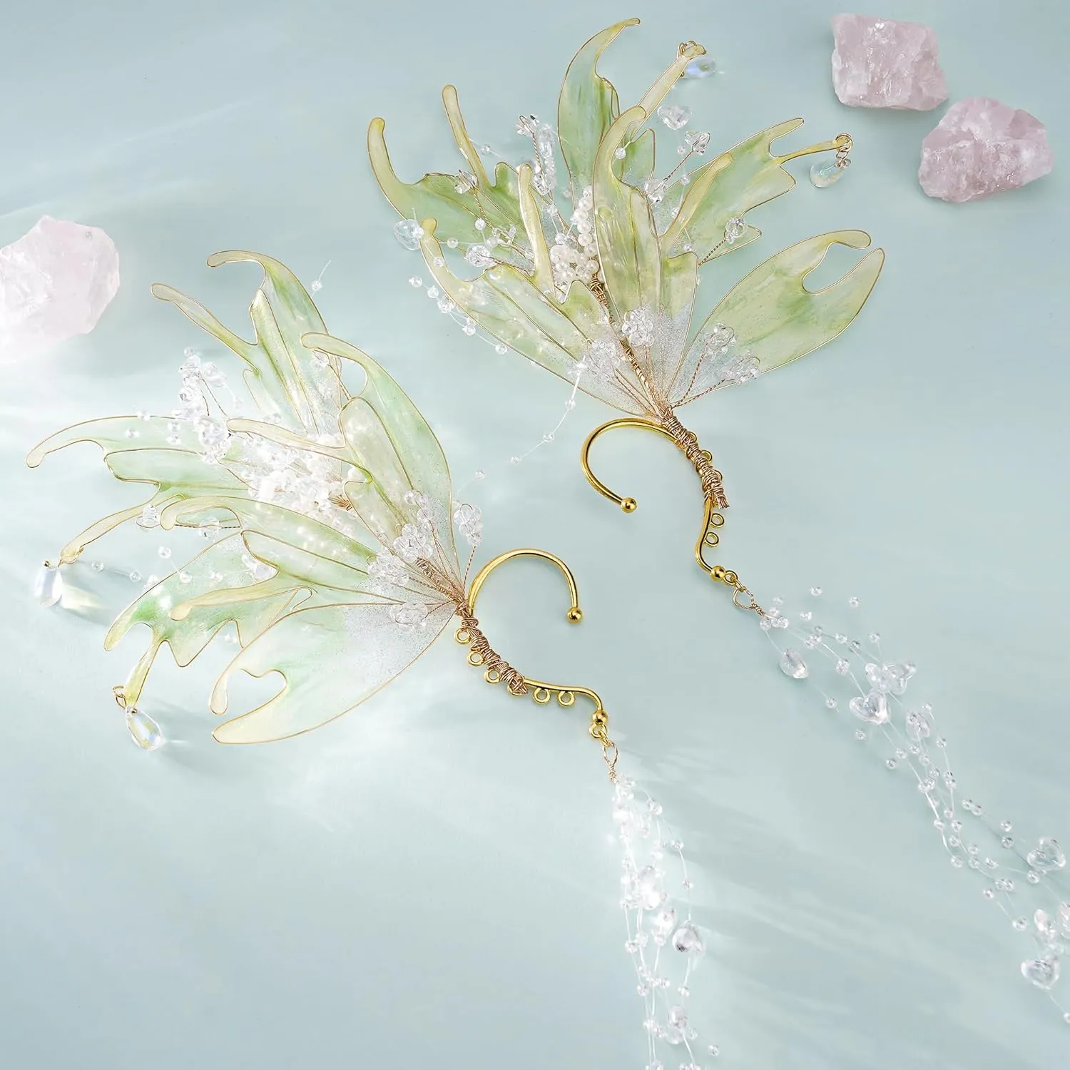 FRESHME Mermaid Elf Ear Cuffs - Fairy Ears No Piercing Elven Ear Clips with Bead Tassel Dress up Mermaid Renfaire Accessorie
