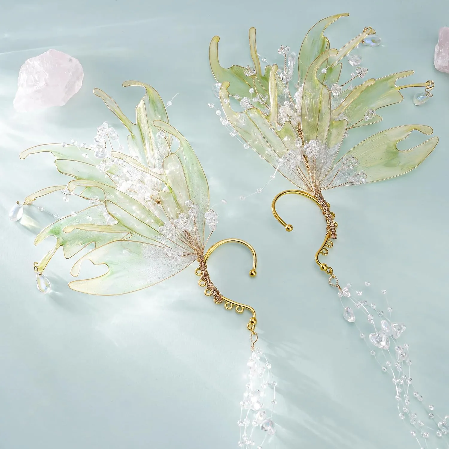 FRESHME Mermaid Elf Ear Cuffs - Fairy Ears No Piercing Elven Ear Clips with Bead Tassel Dress up Mermaid Renfaire Accessorie