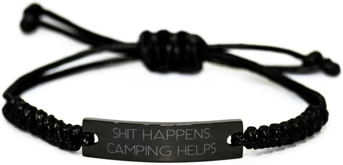 Fun Camping Black Rope Bracelet, Shit Happens. Camping, Gifts For Friends, Present From Friends, Engraved Bracelet For Camping, Friendship, Friendship bracelet, Gift for friend