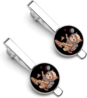 Funny Cat Flying A Pizza Astronaut Men's Tie Clip Round Tie Bar Tie Tack Pins Jewelry Accessories for Father's Day Gifts