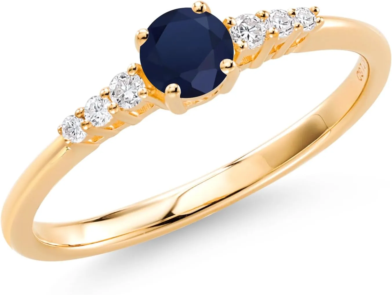 Gem Stone King 10K Yellow Gold Blue Sapphire and White Lab Grown Diamond Engagement Ring For Women (0.44 Cttw, Round 4MM, Gemstone September Birthstone, Available In Size 5, 6, 7, 8, 9)