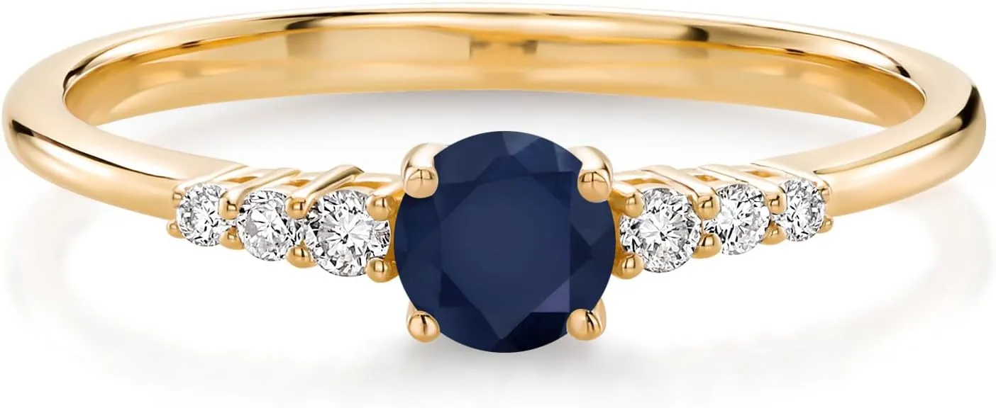 Gem Stone King 10K Yellow Gold Blue Sapphire and White Lab Grown Diamond Engagement Ring For Women (0.44 Cttw, Round 4MM, Gemstone September Birthstone, Available In Size 5, 6, 7, 8, 9)