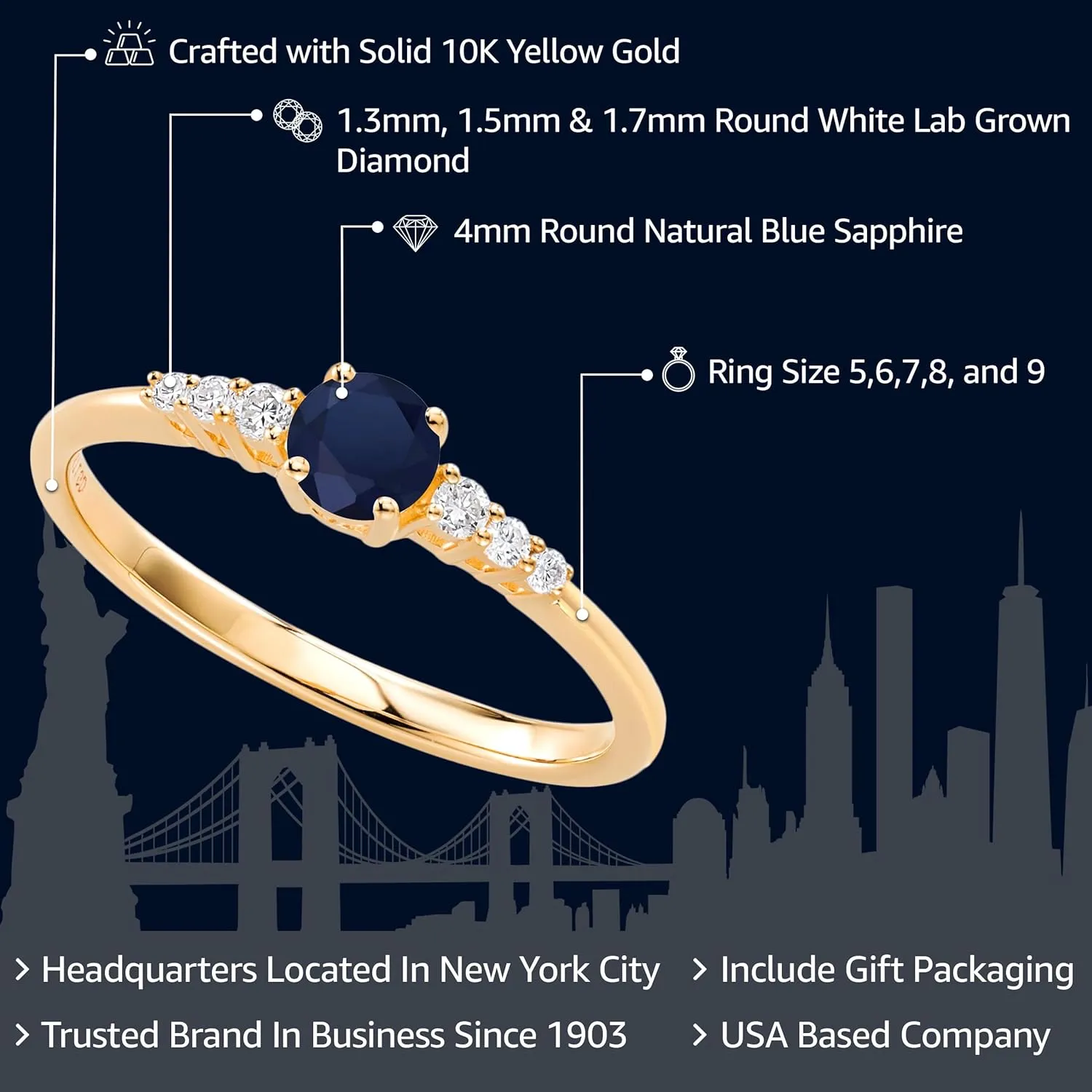 Gem Stone King 10K Yellow Gold Blue Sapphire and White Lab Grown Diamond Engagement Ring For Women (0.44 Cttw, Round 4MM, Gemstone September Birthstone, Available In Size 5, 6, 7, 8, 9)