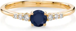 Gem Stone King 10K Yellow Gold Blue Sapphire and White Lab Grown Diamond Engagement Ring For Women (0.44 Cttw, Round 4MM, Gemstone September Birthstone, Available In Size 5, 6, 7, 8, 9)
