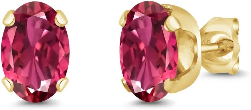 Gem Stone King 18K Yellow Gold Plated Silver Pink Tourmaline Earrings | 1.70 Cttw | Oval 7X5MM Stud Earrings | Gold Earrings For Women Men