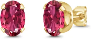 Gem Stone King 18K Yellow Gold Plated Silver Pink Tourmaline Earrings | 1.70 Cttw | Oval 7X5MM Stud Earrings | Gold Earrings For Women Men