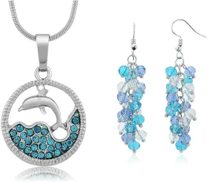 Gem Stone King Dolphin and Sea in a Circle with Blue Crystals Pendant and 16 Inch Chain and Ocean Blue Cluster Faceted Crystal Dangle Hook Earrings | Blue Jewelry Set for Women | Crystal Jewelry Set
