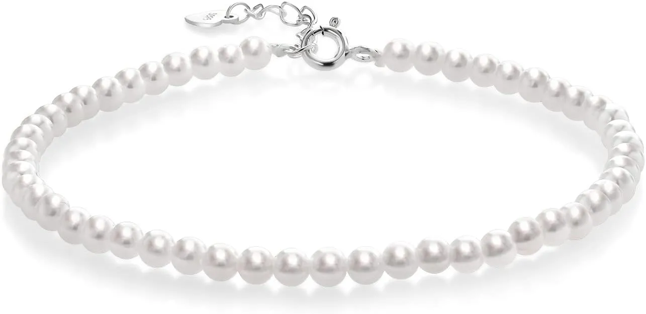Gem Stone King Round 4.3MM White Shell Pearl Strand Necklace | With 925 Sterling Silver Extension and Spring Ring Clasp | 18 Inch | Fine Jewelry Gifts for Her Mom Women Wife