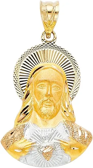 Genuine 14k Tri-tone Gold 0.98" Diamond-cut Sacred Heart Jesus Religious Pendant For Men or Women - Christian Jewelry, Religious Gifts