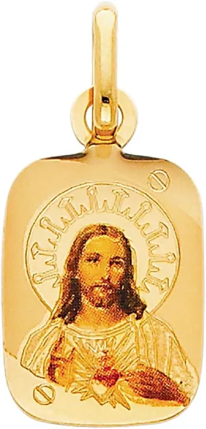 Genuine 14k Yellow Gold and Enamel 0.70" Sacred Heart of Jesus Religious Pendant For Men or Women - Christian Jewelry, Religious Gifts