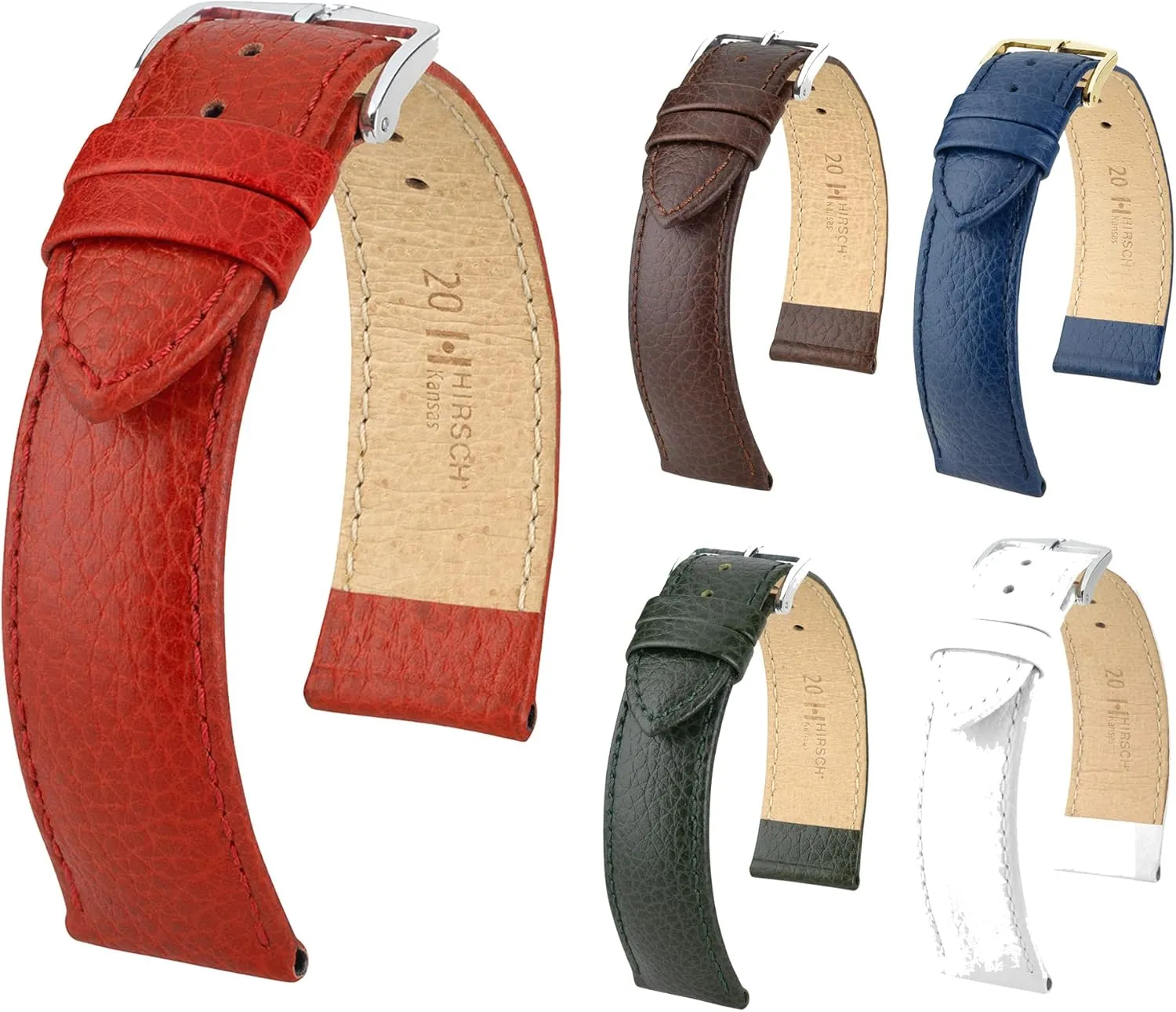 Genuine Calf Leather Watch Band Buffalo Grain - Choose Color & Size - Classic Styled Excellent Quality Watch Strap HIRSCH Kansas