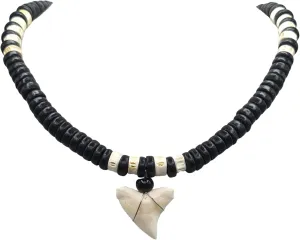 Genuine Shark Tooth Necklace, Mako Shark Tooth Necklace for Men Boys, Handmade Wooden Beads Surfer Shark Tooth Necklace for Women Girls Boho Bohemian Jewelry GA391, Black & White