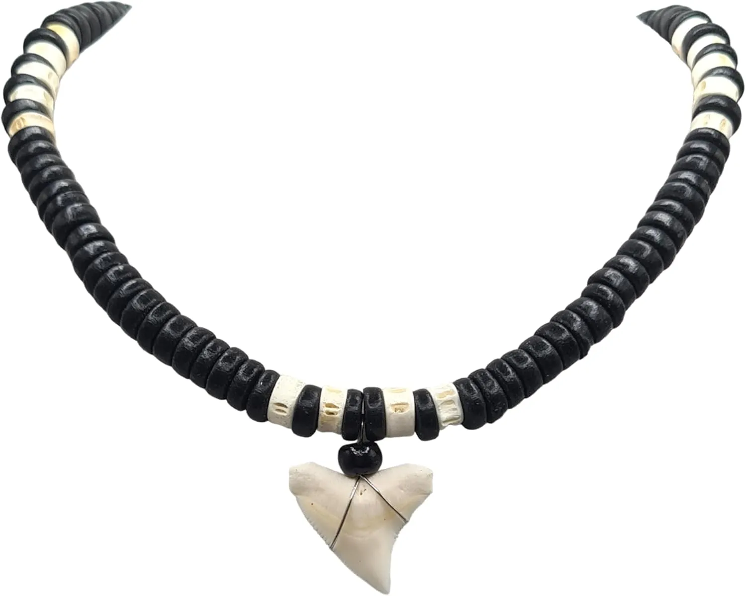 Genuine Shark Tooth Necklace, Mako Shark Tooth Necklace for Men Boys, Handmade Wooden Beads Surfer Shark Tooth Necklace for Women Girls Boho Bohemian Jewelry GA391, Black & White