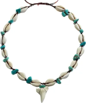 Genuine Shark Tooth Necklace, Mako Shark Tooth Necklace for Men, Cool Cowrie Shells Turquoise Color Beads Necklace for Men Women (EA389-N)