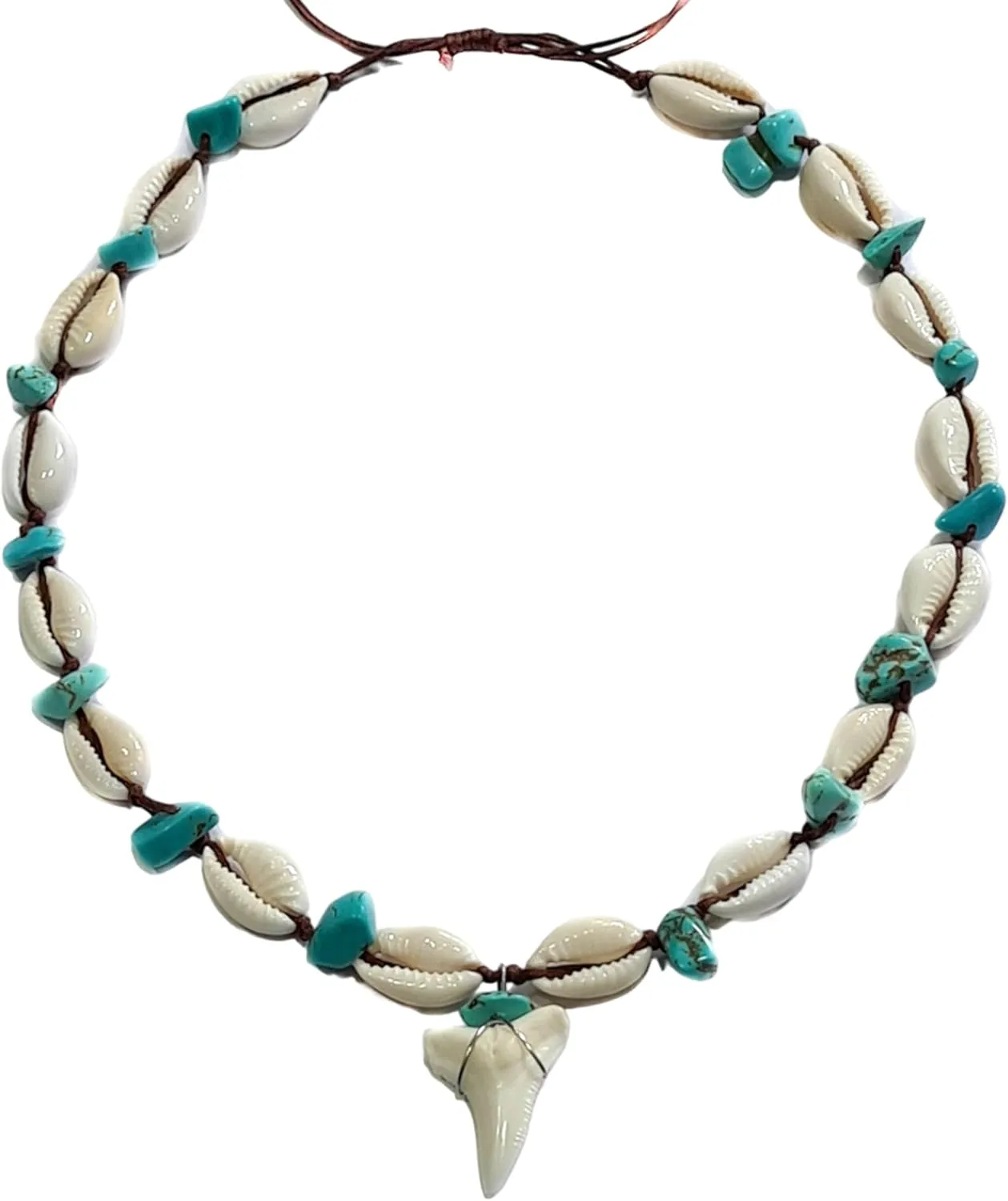 Genuine Shark Tooth Necklace, Mako Shark Tooth Necklace for Men, Cool Cowrie Shells Turquoise Color Beads Necklace for Men Women (EA389-N)