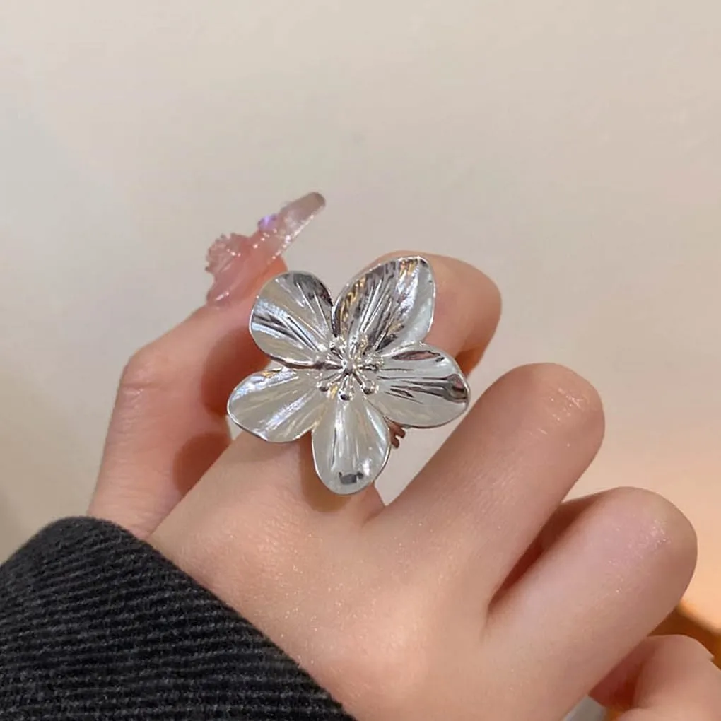 GIGB PBDK Chunky Flower Rings for Women Dainty 14K Gold Flower Midi Rings Exaggerated Adjustable Floral Statement Ring Birthday Jewelry Presents for Her
