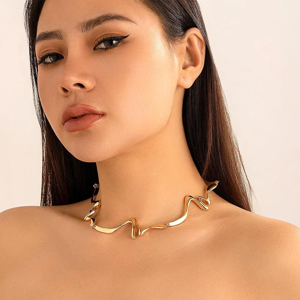 GIGB PBDK Liquid Metal Choker Necklace, Chunky Dainty Geometric Twist Punk Lava Chain Necklace, Fashion Irregular Rock Hip Hop Accessories for Women