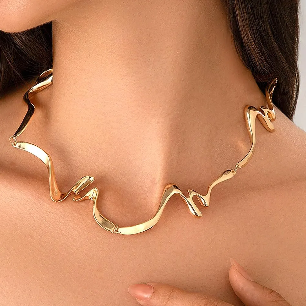 GIGB PBDK Liquid Metal Choker Necklace, Chunky Dainty Geometric Twist Punk Lava Chain Necklace, Fashion Irregular Rock Hip Hop Accessories for Women