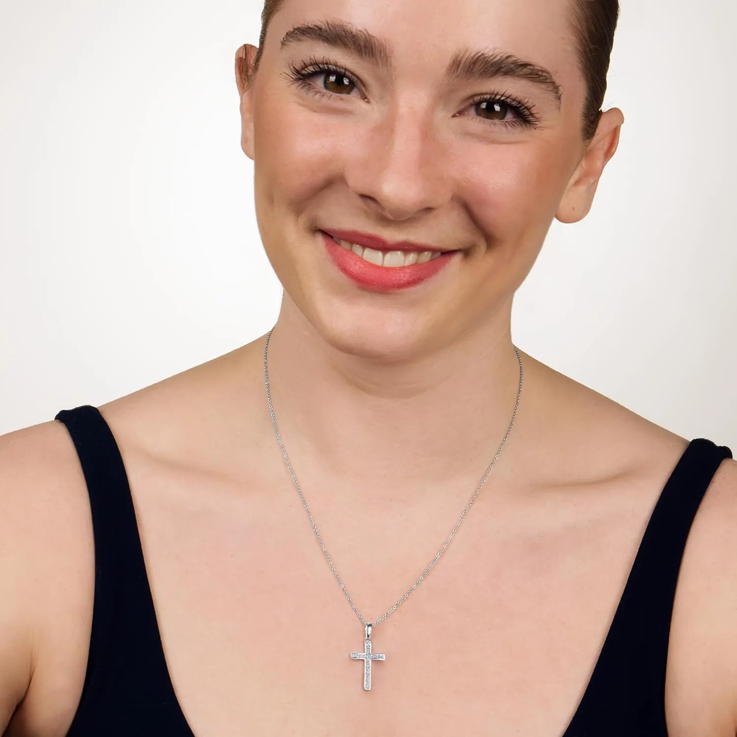 GILDED 1/10 ct. T.W. Lab Grown Diamond (SI1 Clarity, F Color) and Sterling Silver Cross Pendant with an 18 Inch Spring Ring Clasp Cable Chain