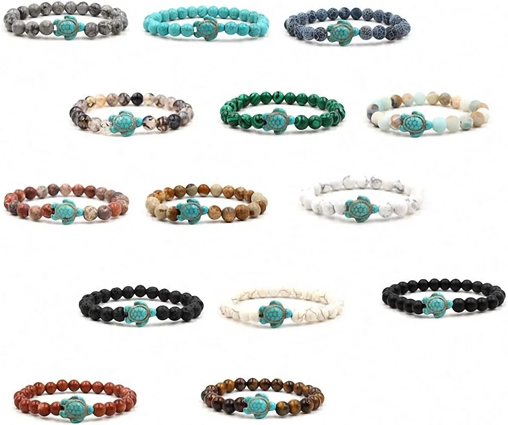 Giwotu Womens Summer Style Sea Turtle Beads Bracelets for Women Men Classic 14 Colors Natural Stone Elastic Friendship Bracelet Beach Jewelry