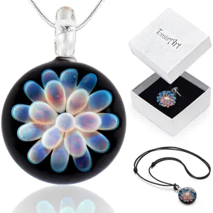 Glass Flower Pendant by TomlitArt - Art Jewelry Necklace Unique Gift for Women Girls - Silver Color Chain and Black Wax Cord