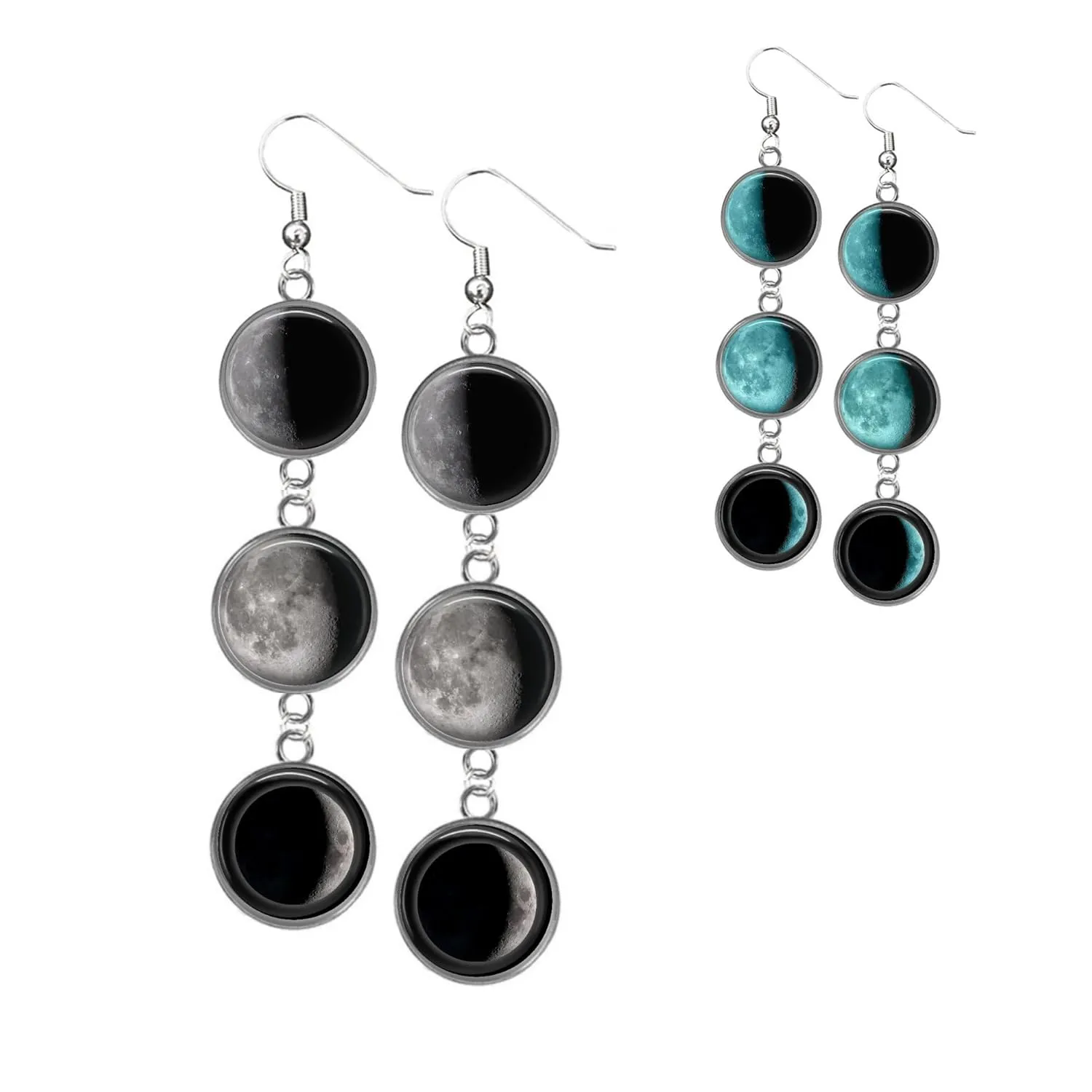 Glowing Stainless Steel Custom Birth Moon Drop Earrings - 1 to 3 Lunar Phase Charms - Glow in the Dark Jewelry - Optional Engraving on Back