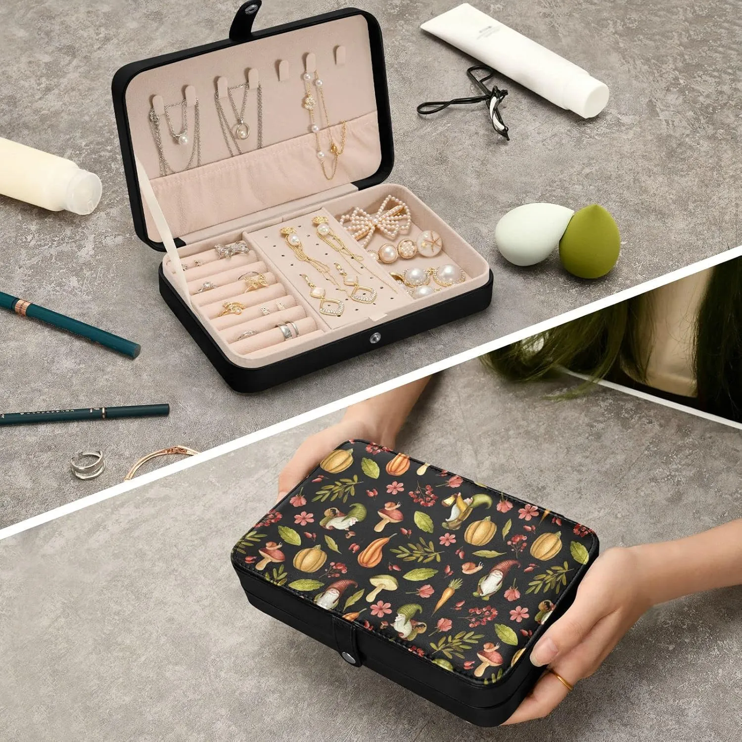 Gnome Mushroom Jewelry Box for Women Girls, PU Leather Jewelry Travel Organizer, Portable Small Jewelry Case, Personalized Jewelry Storage Holder for Ring Earrings Necklace Bracelet boxes