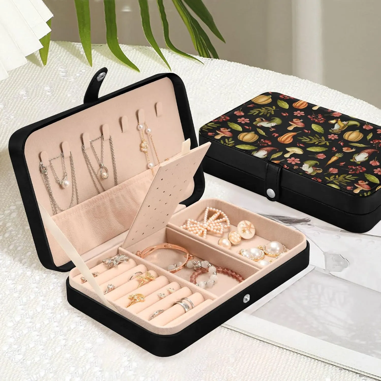 Gnome Mushroom Jewelry Box for Women Girls, PU Leather Jewelry Travel Organizer, Portable Small Jewelry Case, Personalized Jewelry Storage Holder for Ring Earrings Necklace Bracelet boxes