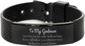 Godmum Black Shark Mesh Bracelet - My Forever Love and Prayers for You, Inspirational Gifts for Birthday, Christmas, and Holidays