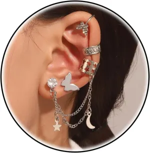 Gold Adjustable Butterfly Ear Clip Set without Perforation Cartilage Ear Clip Star Moon Chain Earrings Suitable