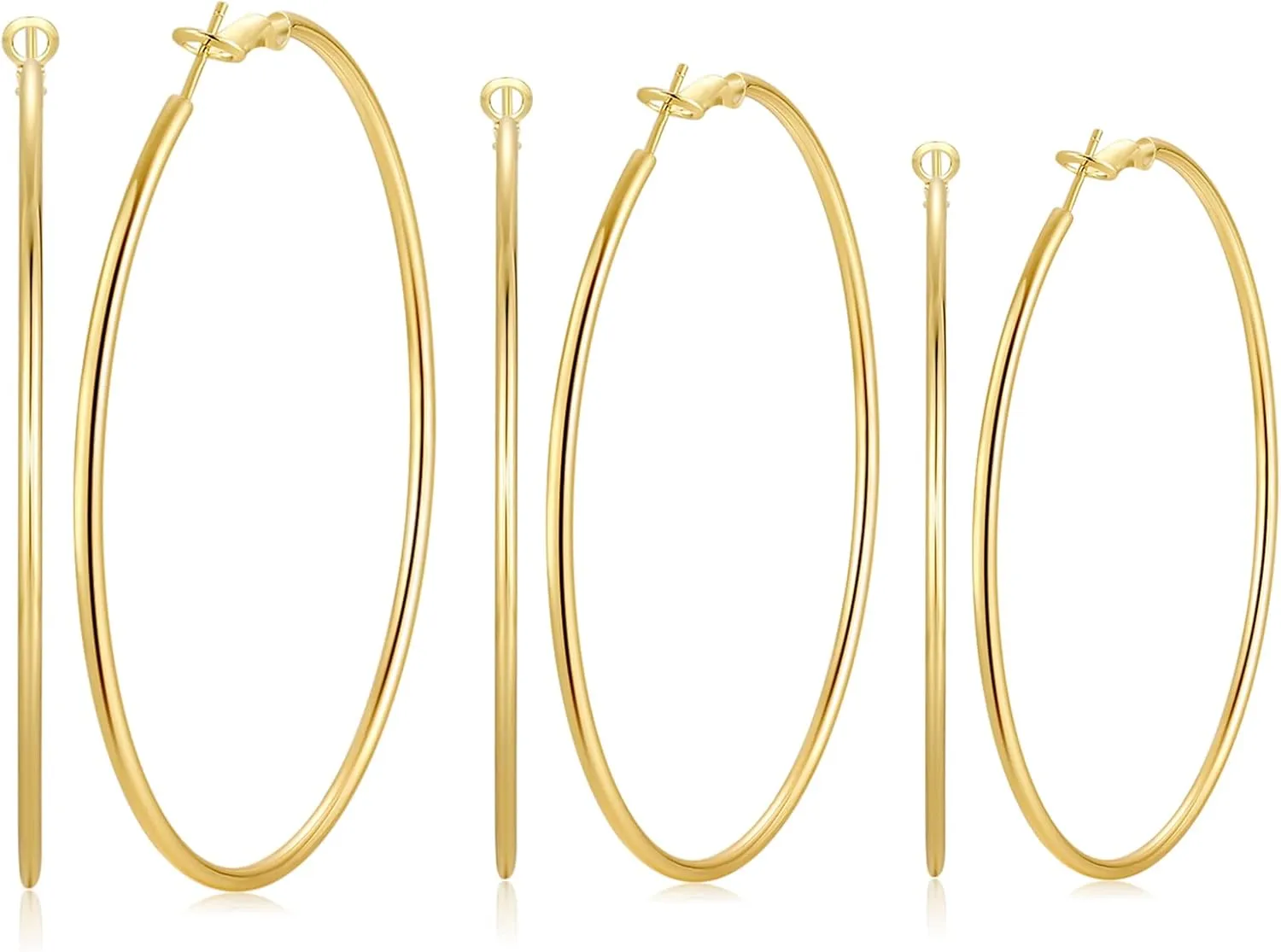 Gold Big Large Hoop Earrings For Women -14K Real Gold Plated | 925 Sterling Silver Post Gold Hoops | 3 Pairs Extra Big Thin Hoop Earrings Dainty (40 50 60mm)