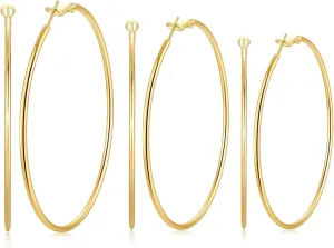 Gold Big Large Hoop Earrings For Women -14K Real Gold Plated | 925 Sterling Silver Post Gold Hoops | 3 Pairs Extra Big Thin Hoop Earrings Dainty (40 50 60mm)