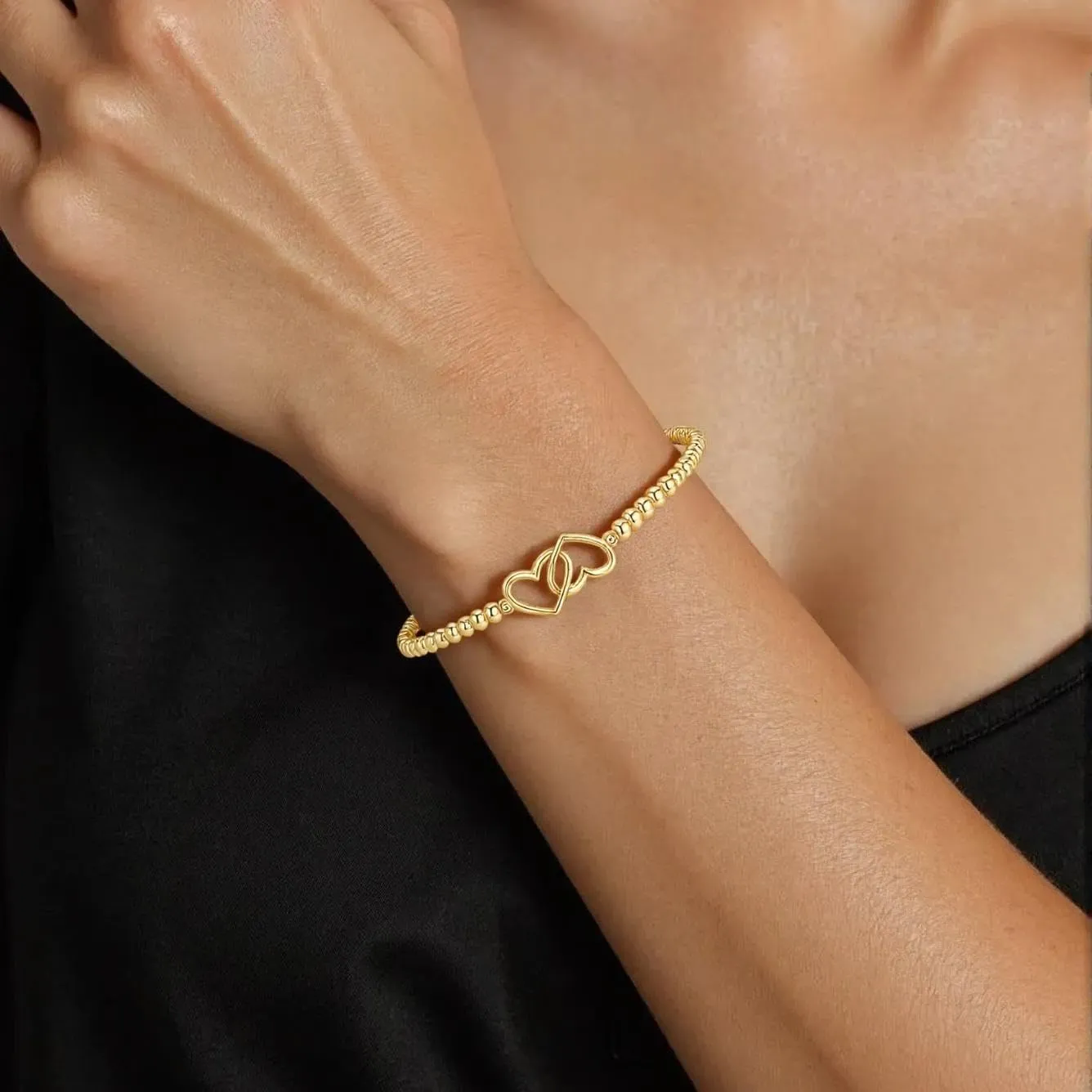 Gold Bracelets for Women 14K Gold Plated Beaded Bracelets Gold Stretch Bead Bracelet Handmade Ball Charm Bracelet Dainty Gold Jewelry Gifts for Women