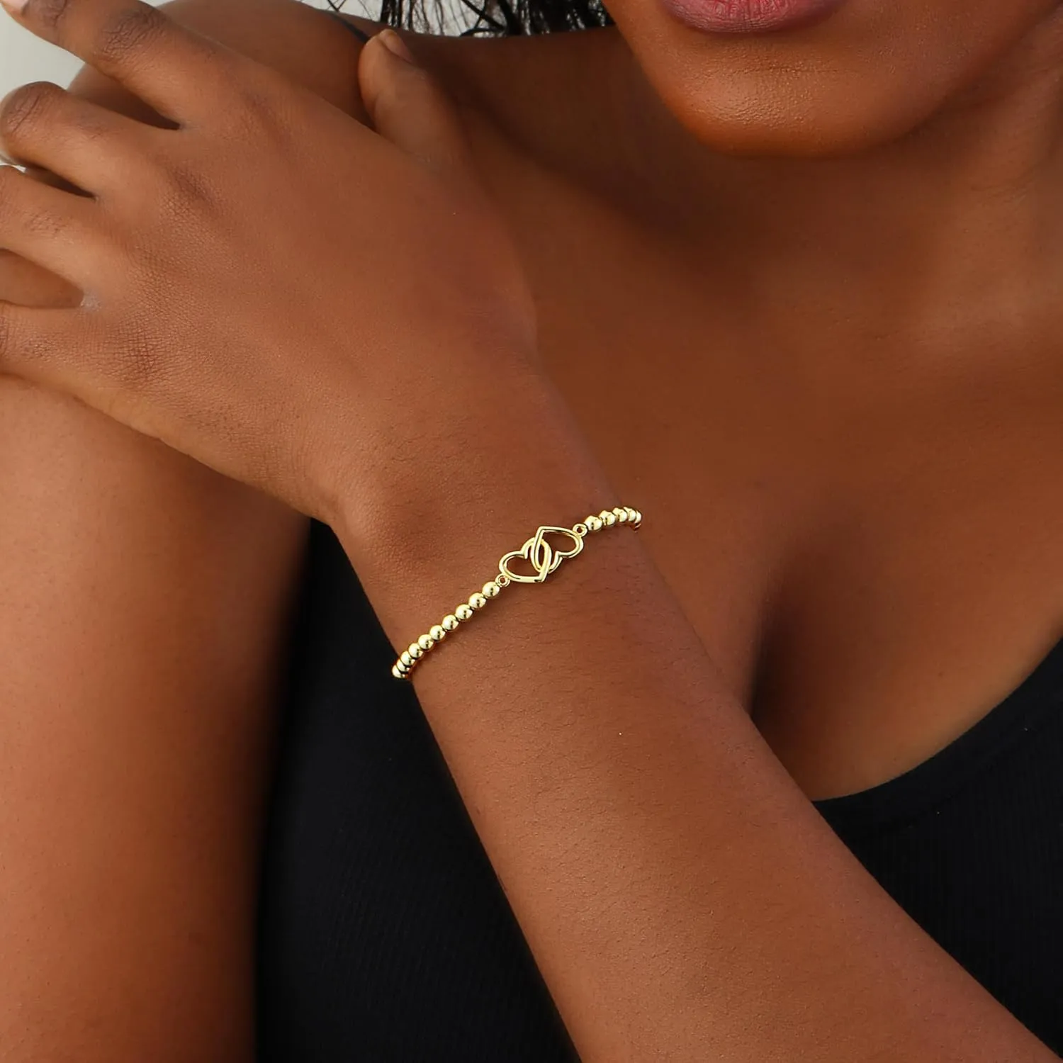 Gold Bracelets for Women 14K Gold Plated Beaded Bracelets Gold Stretch Bead Bracelet Handmade Ball Charm Bracelet Dainty Gold Jewelry Gifts for Women