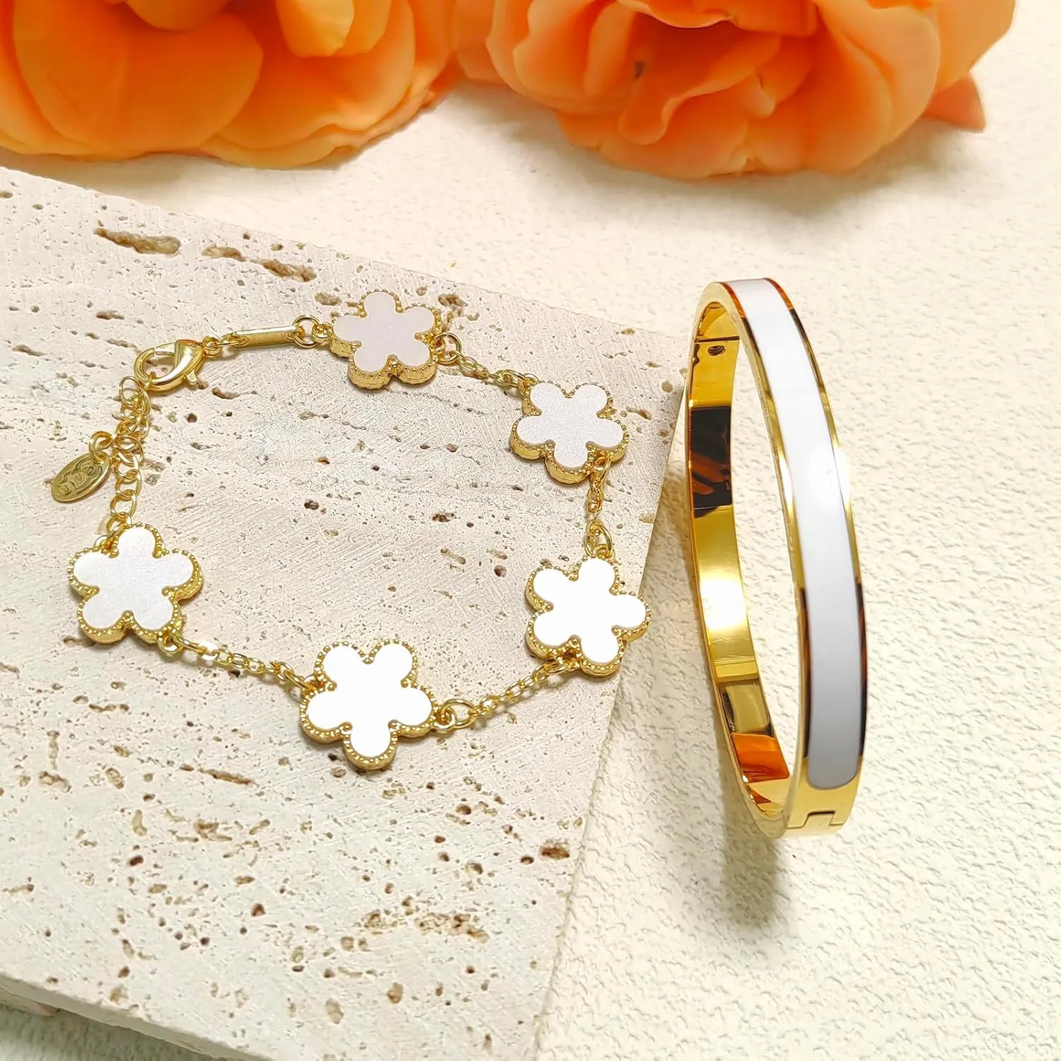 Gold Bracelets for Women 2Pcs Stackable Gold Bracelet 18K Gold Plated Enamel Bangle Floral Bracelet Set Trendy Gifts for Women