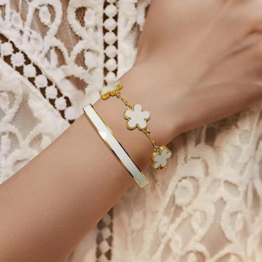 Gold Bracelets for Women 2Pcs Stackable Gold Bracelet 18K Gold Plated Enamel Bangle Floral Bracelet Set Trendy Gifts for Women