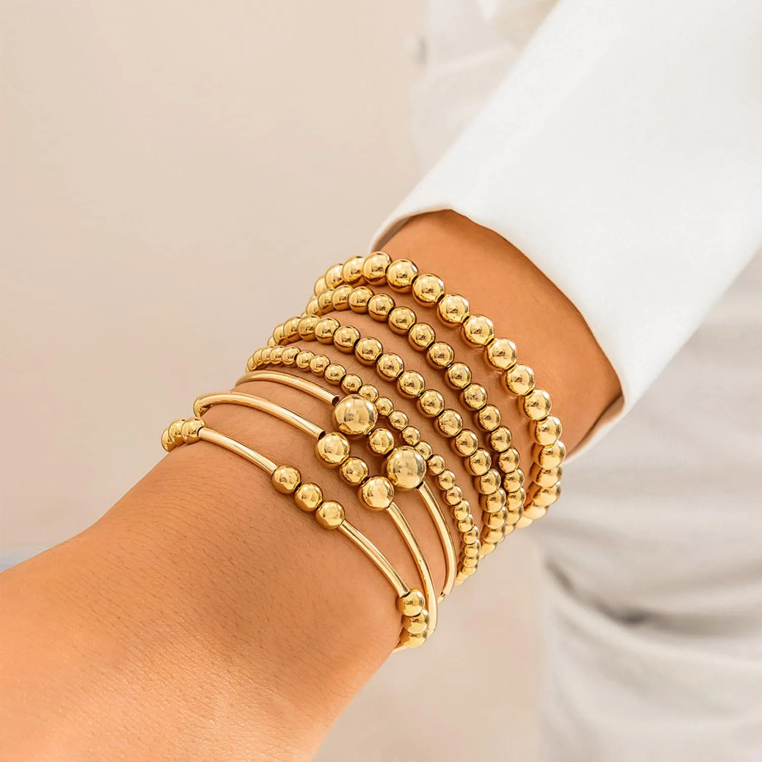 Gold Bracelets for Women Non Tarnish Gold Beaded Bracelet Stretch Bead Ball Bracelet Sets Trendy Stackable Layered Pearl Cross Bracelet Gold Jewelry for Women