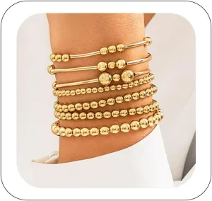 Gold Bracelets for Women Non Tarnish Gold Beaded Bracelet Stretch Bead Ball Bracelet Sets Trendy Stackable Layered Pearl Cross Bracelet Gold Jewelry for Women