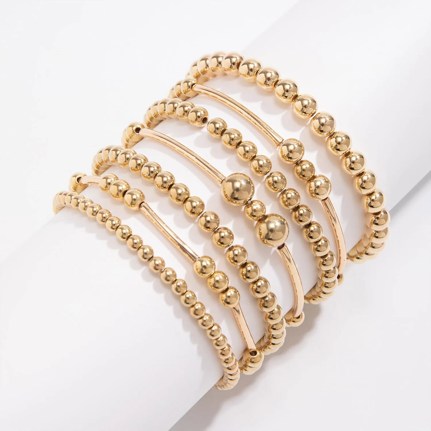 Gold Bracelets for Women Non Tarnish Gold Beaded Bracelet Stretch Bead Ball Bracelet Sets Trendy Stackable Layered Pearl Cross Bracelet Gold Jewelry for Women
