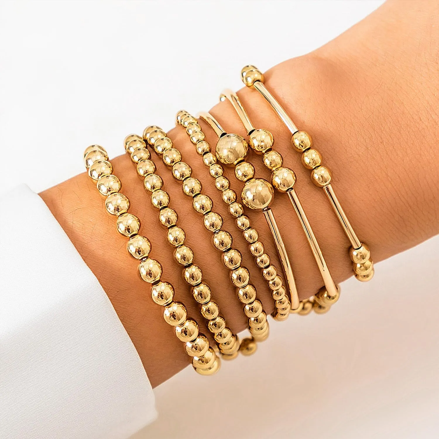 Gold Bracelets for Women Non Tarnish Gold Beaded Bracelet Stretch Bead Ball Bracelet Sets Trendy Stackable Layered Pearl Cross Bracelet Gold Jewelry for Women