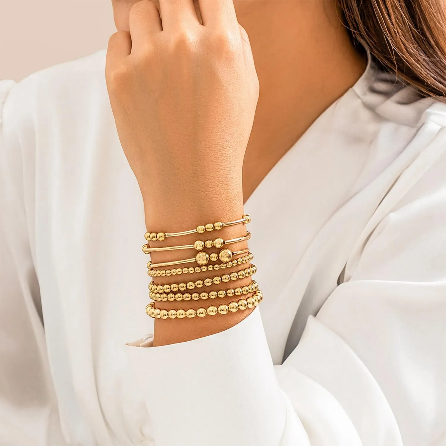 Gold Bracelets for Women Non Tarnish Gold Beaded Bracelet Stretch Bead Ball Bracelet Sets Trendy Stackable Layered Pearl Cross Bracelet Gold Jewelry for Women