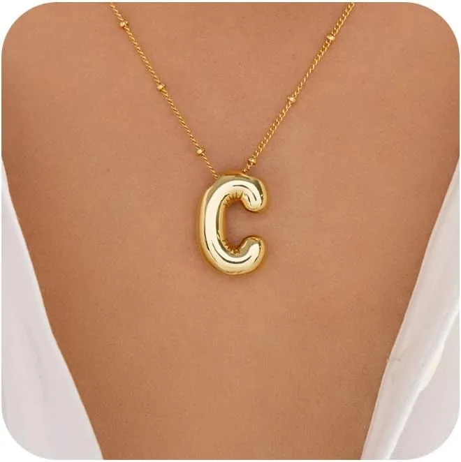 Gold Bubble Initial Necklace - Layered Charm Name Necklace for Women