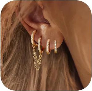 Gold Chain Earrings for Women 14K Gold Plated CZ Studs and Huggie Earrings Set Trendy Jewelry Double Piercing Dangle Chain Huggie Hoop Earrings Set Hypoallergenic Earring Stacks