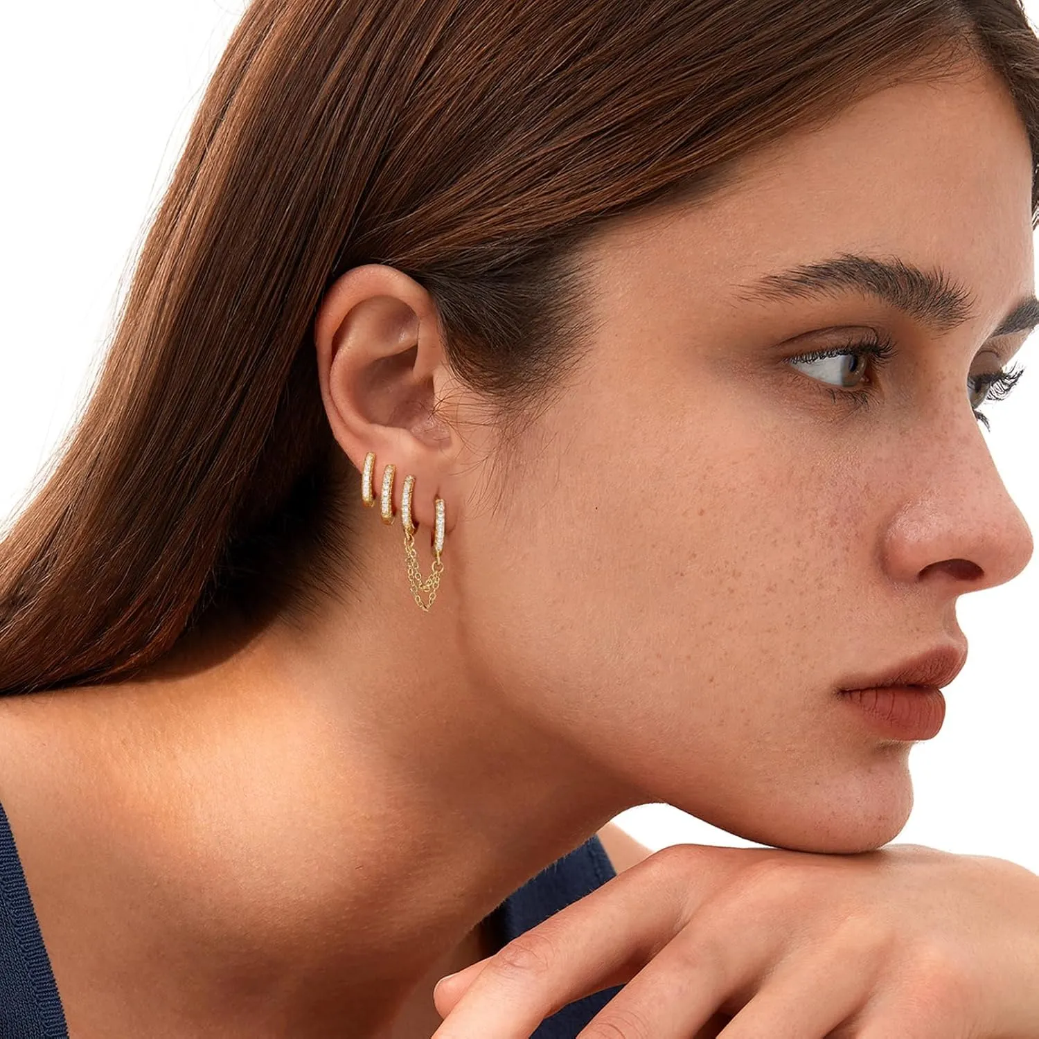 Gold Chain Earrings for Women 14K Gold Plated CZ Studs and Huggie Earrings Set Trendy Jewelry Double Piercing Dangle Chain Huggie Hoop Earrings Set Hypoallergenic Earring Stacks