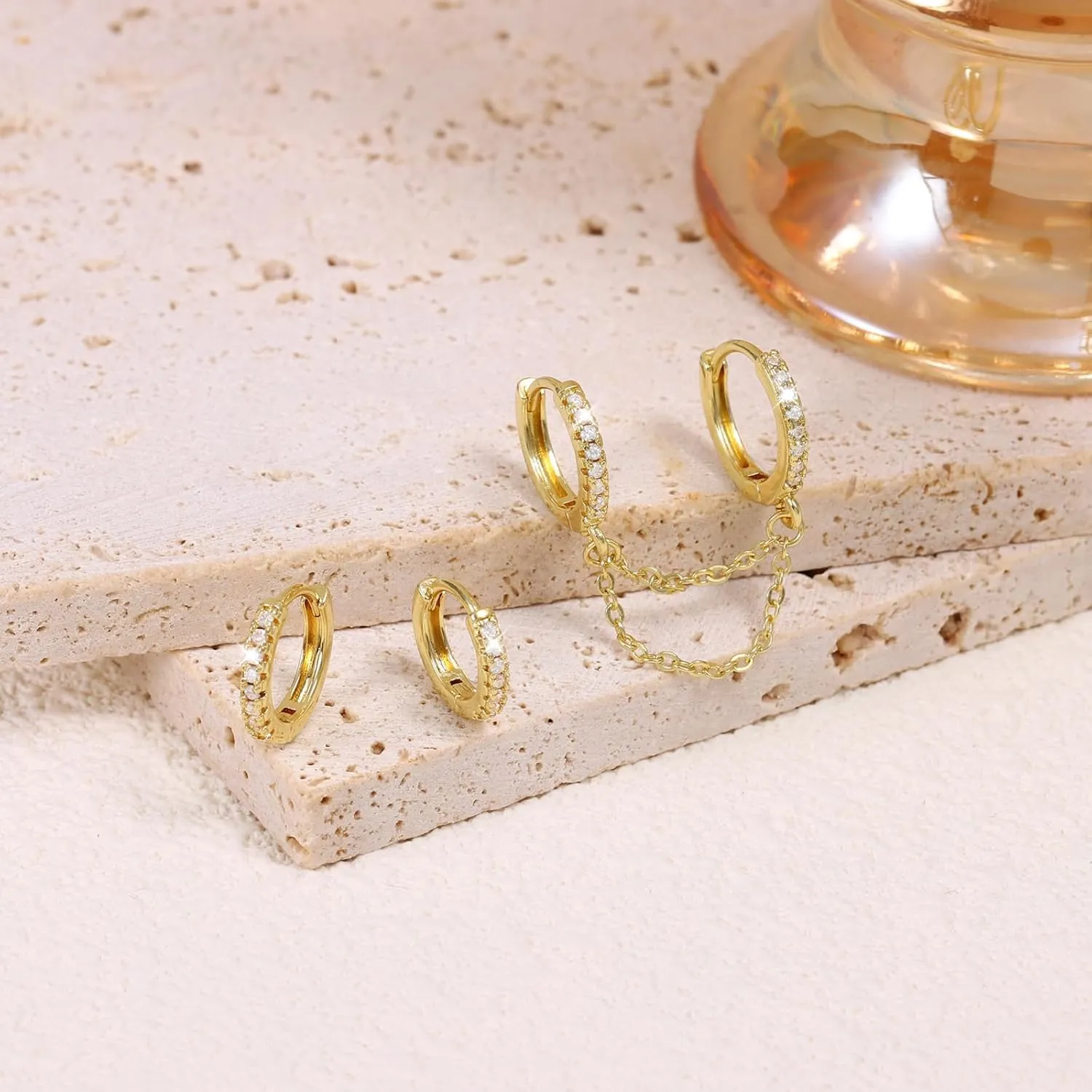 Gold Chain Earrings for Women 14K Gold Plated CZ Studs and Huggie Earrings Set Trendy Jewelry Double Piercing Dangle Chain Huggie Hoop Earrings Set Hypoallergenic Earring Stacks
