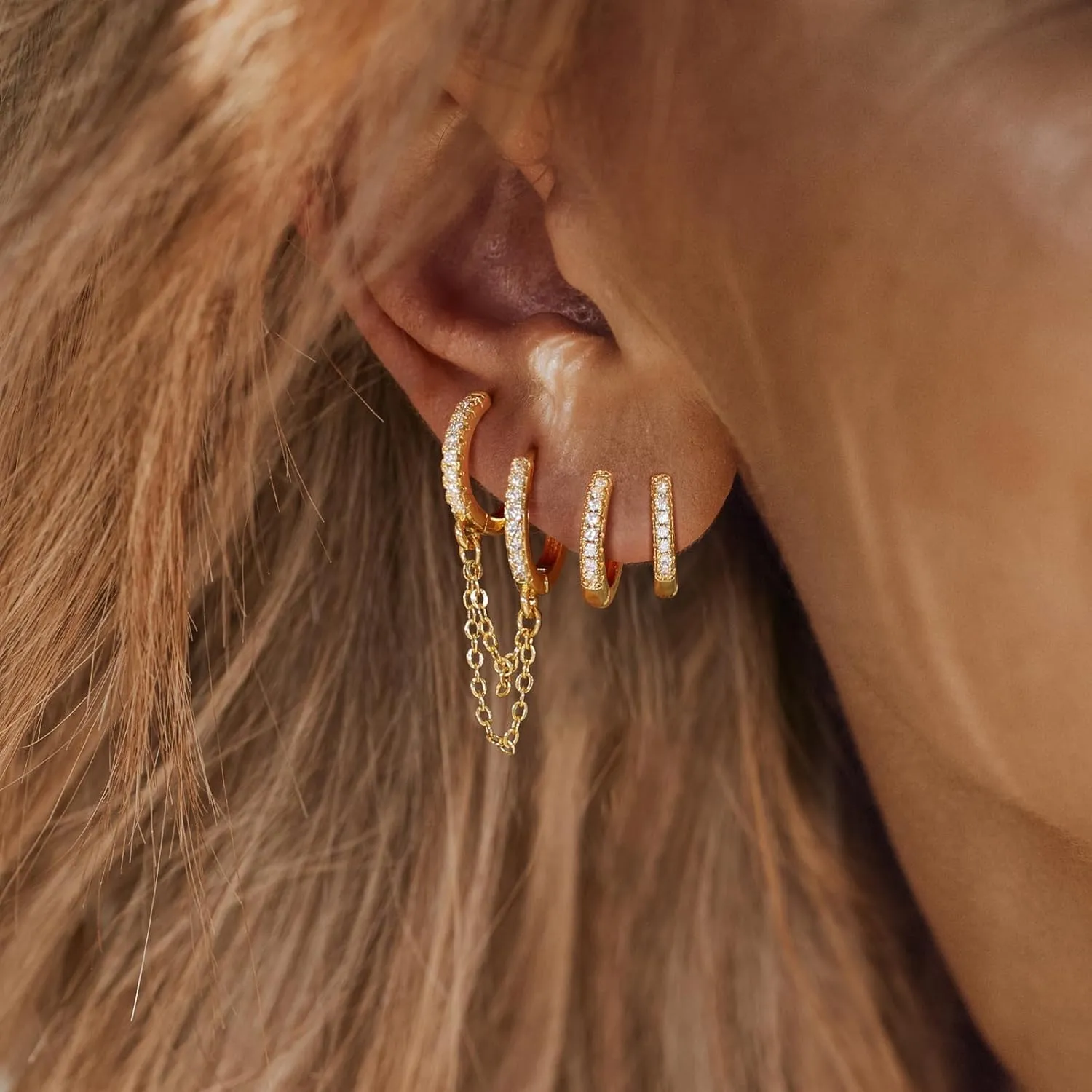 Gold Chain Earrings for Women 14K Gold Plated CZ Studs and Huggie Earrings Set Trendy Jewelry Double Piercing Dangle Chain Huggie Hoop Earrings Set Hypoallergenic Earring Stacks