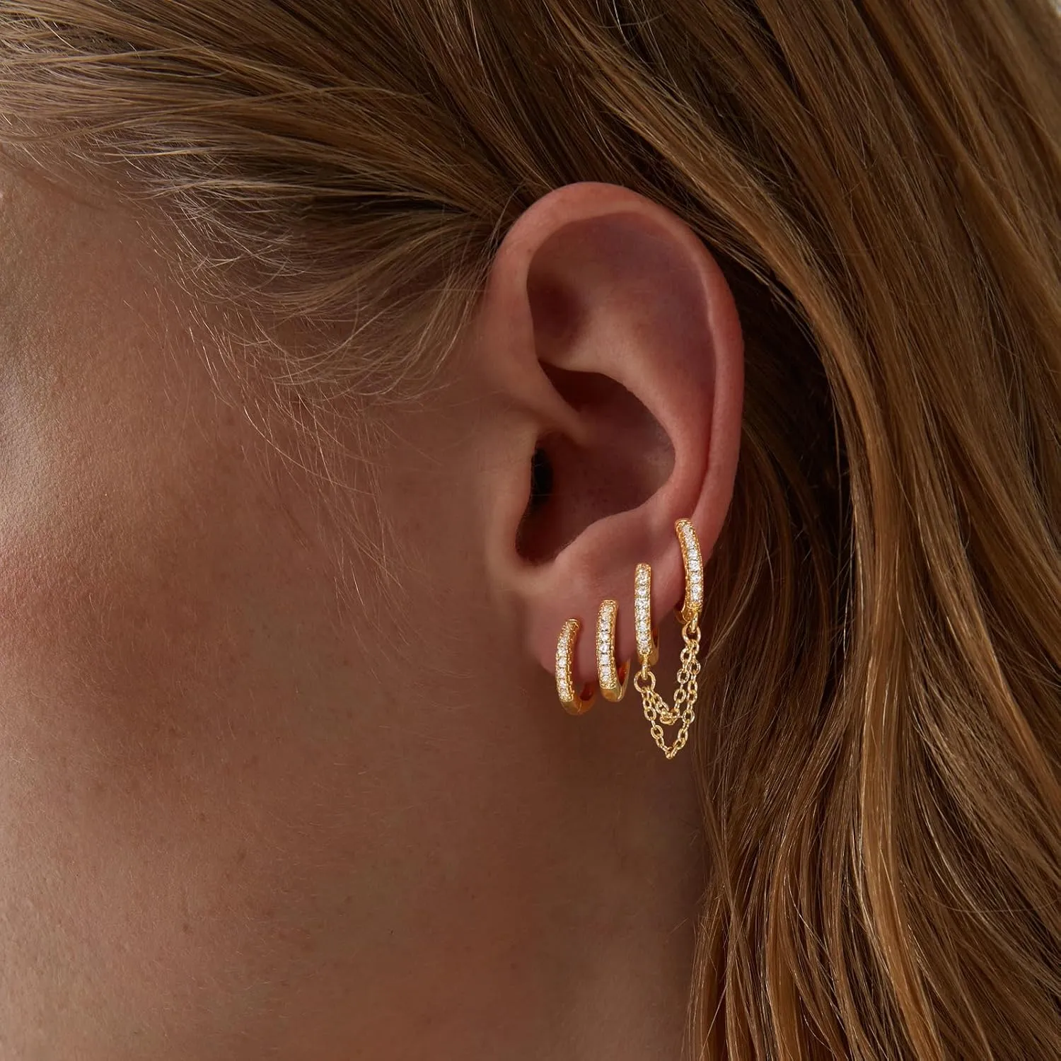 Gold Chain Earrings for Women 14K Gold Plated CZ Studs and Huggie Earrings Set Trendy Jewelry Double Piercing Dangle Chain Huggie Hoop Earrings Set Hypoallergenic Earring Stacks