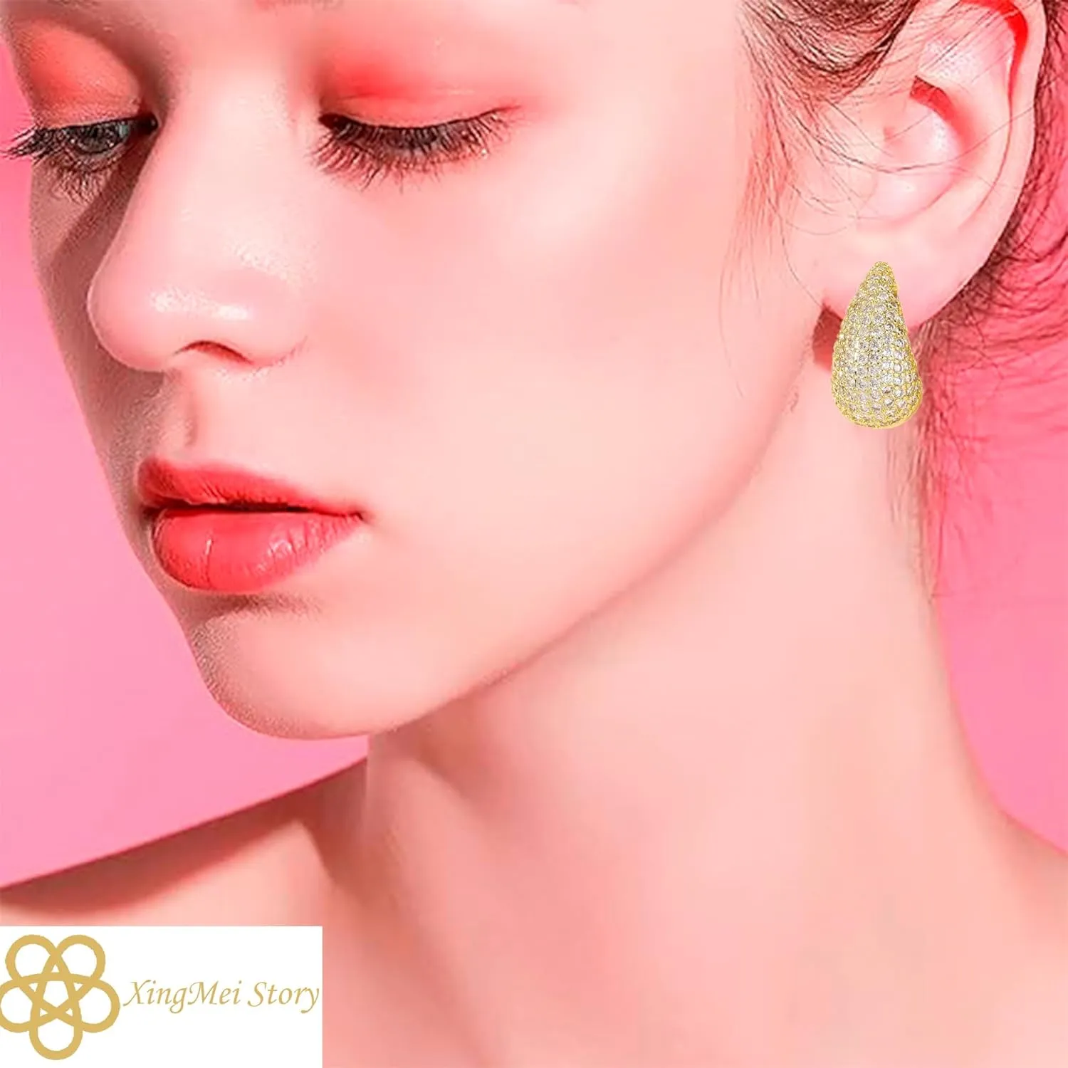 Gold Crystal Chunky Hoop Earrings - Sparkly Rhinestone Teardrop Design with 925 Sterling Silver Posts - Trendy Jewelry for Women, Perfect for Special Occasions (1pair)