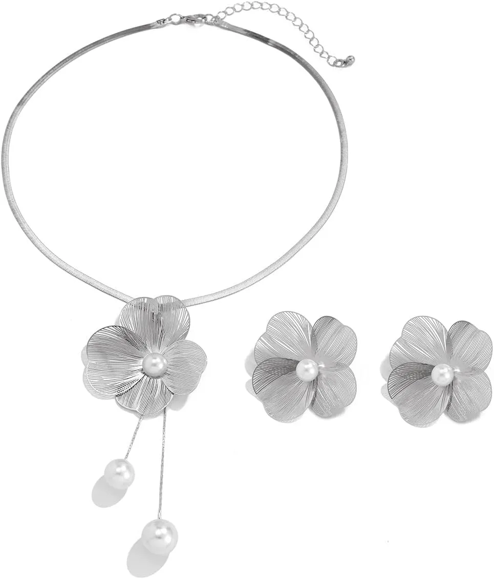 Gold Flower Jewelry Set for Women Statement Flower Earrings Necklace Set Gold Necklace and Earrings Set Large Flower Earrings Necklace for Women