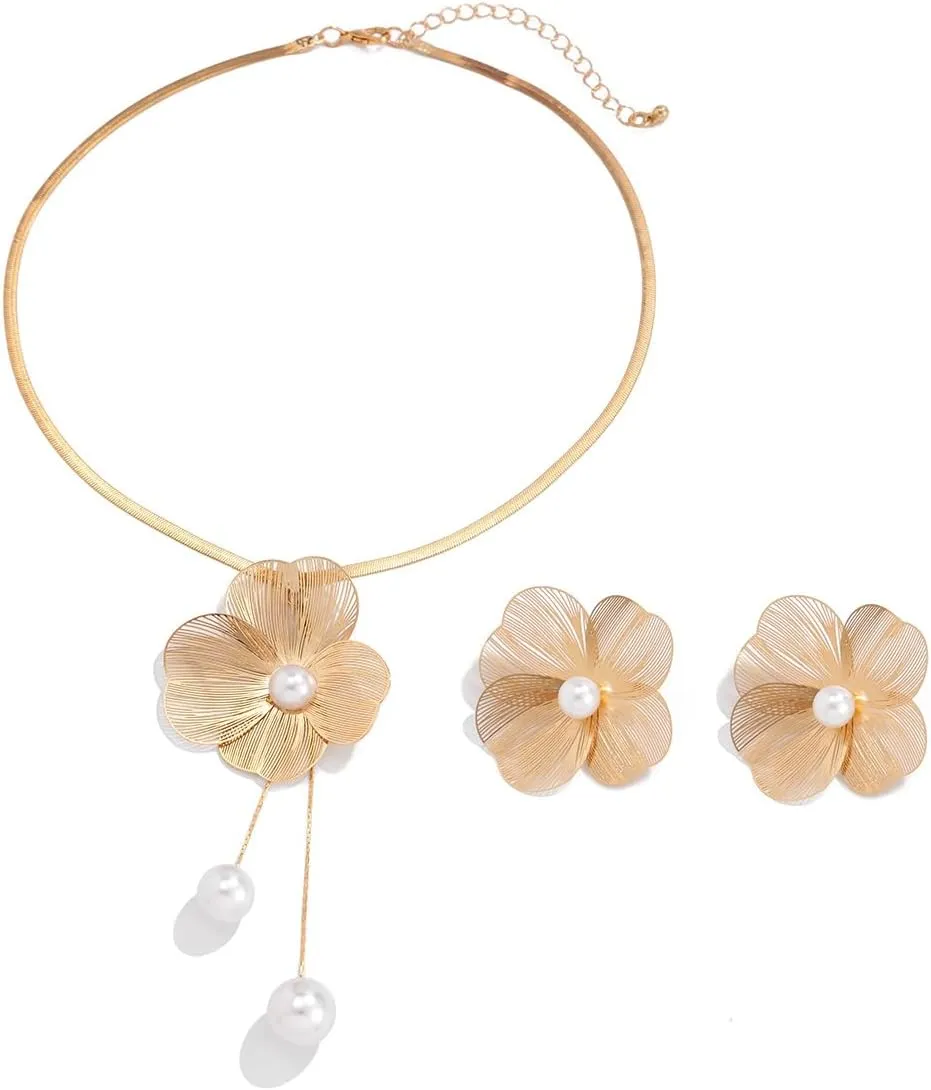Gold Flower Jewelry Set for Women Statement Flower Earrings Necklace Set Gold Necklace and Earrings Set Large Flower Earrings Necklace for Women
